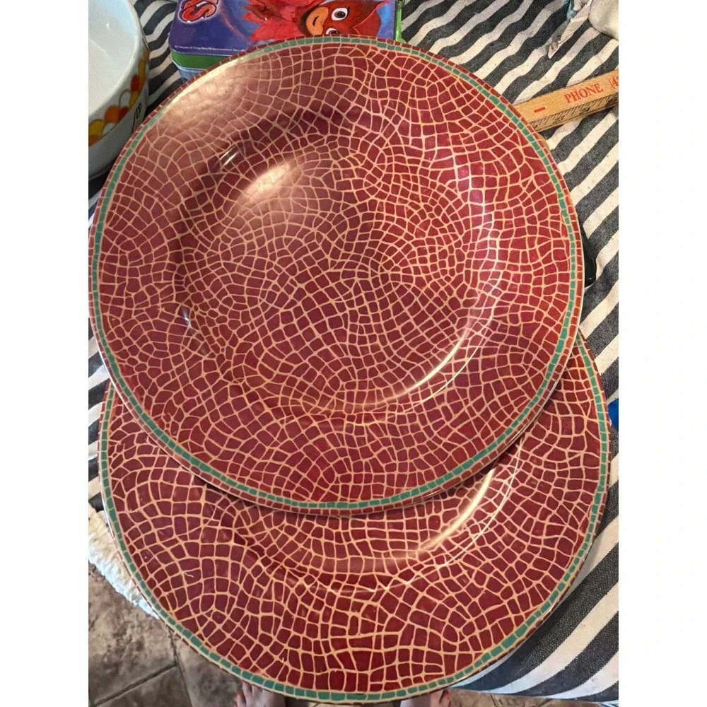 Pier 1 Mosaic Fruit Red Earthenware Dinner Plates Set of 2 Made in Italy 11.25in